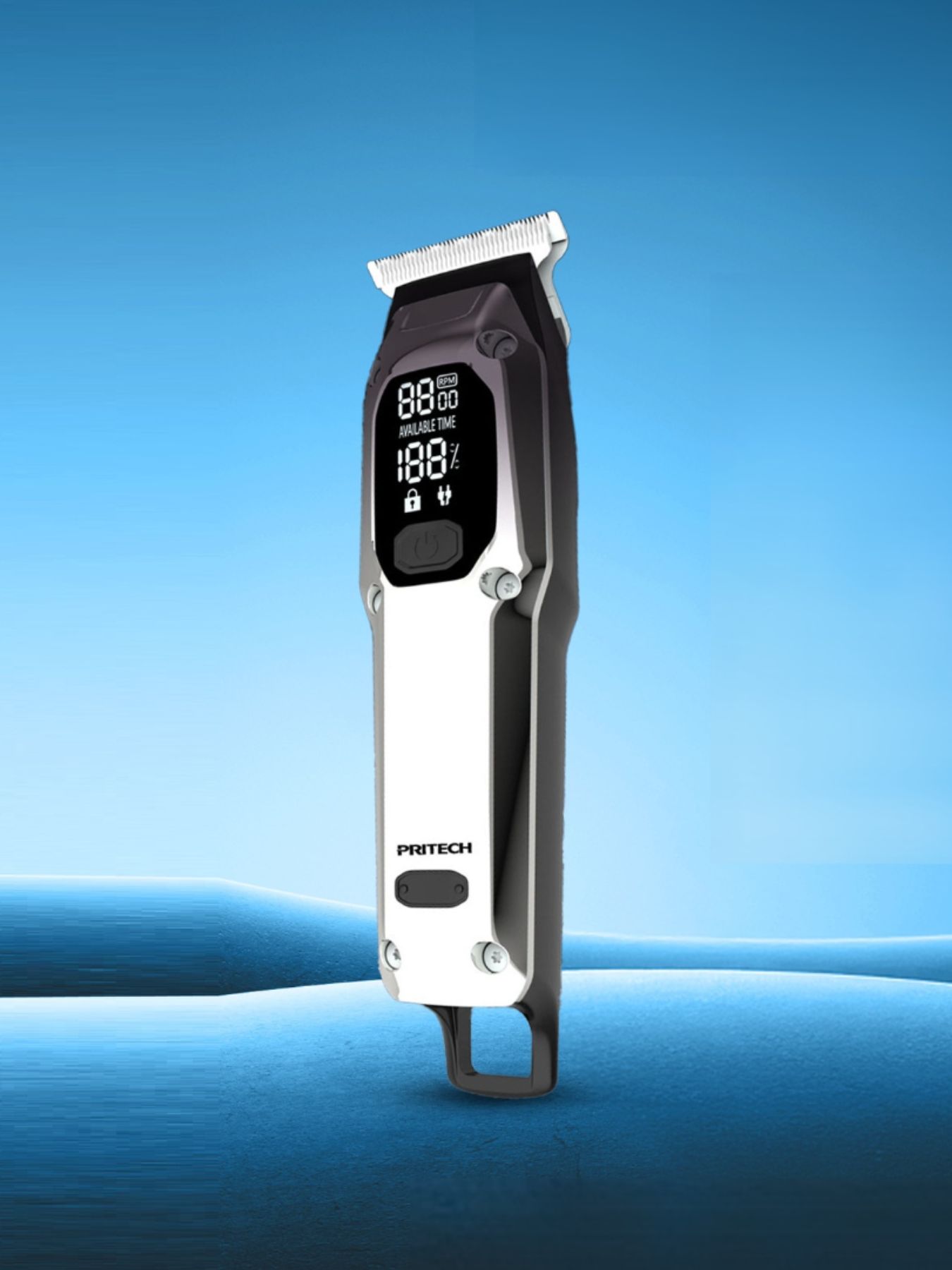 Silver cordless hair clipper with LED display and ergonomic design, ideal for precise grooming.