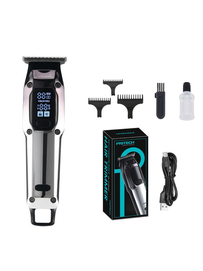 Silver cordless hair clipper with LED display by Trendsi, showcasing its sleek design and adjustable cutting length.