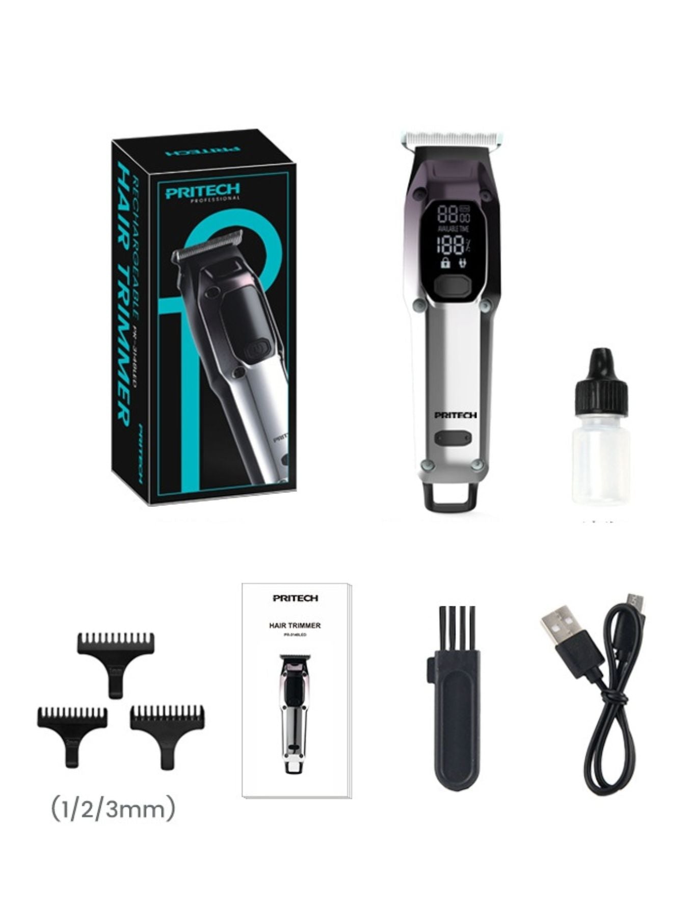 Silver cordless hair clipper with LED display from Trendsi, showcasing adjustable blades and ergonomic design.