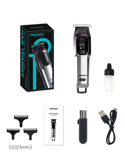 Silver cordless hair clipper with LED display from Trendsi, showcasing adjustable blades and ergonomic design.