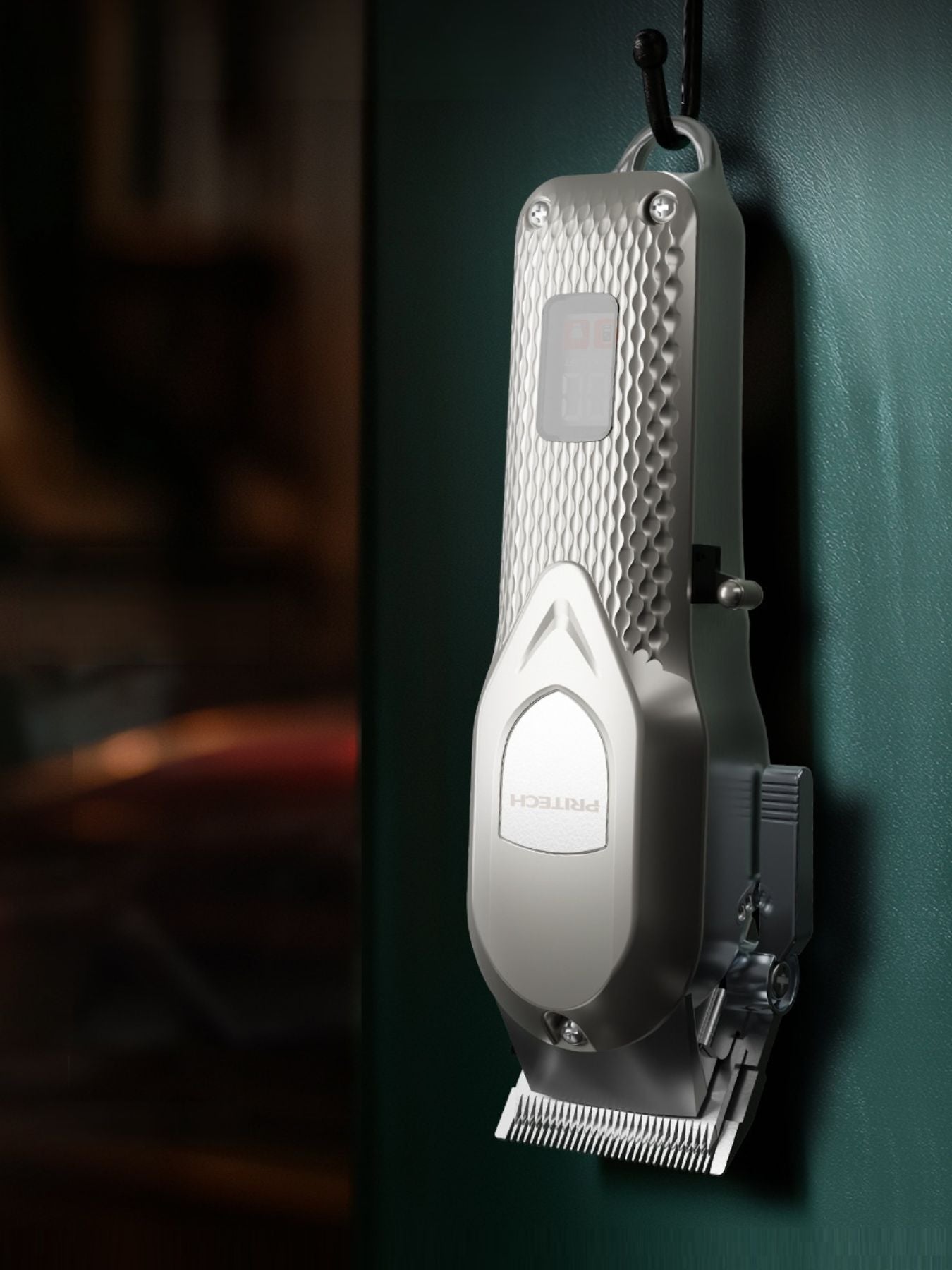 Silver cordless hair clipper with LED display and ergonomic design, ideal for precise grooming and hair cutting.