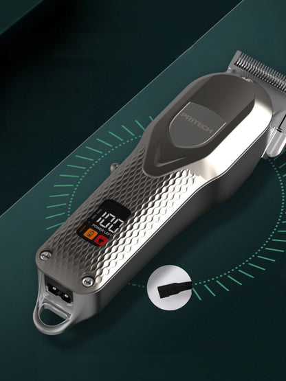 Silver cordless hair clipper with LED display from Trendsi, showing adjustable blades and ergonomic design for easy grooming.