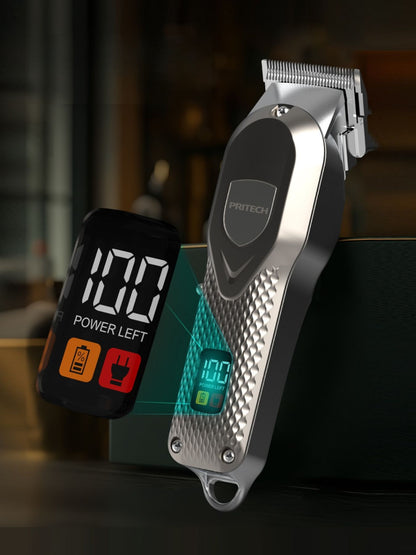 Silver cordless hair clipper with LED display from Trendsi, featuring adjustable blades and ergonomic design.
