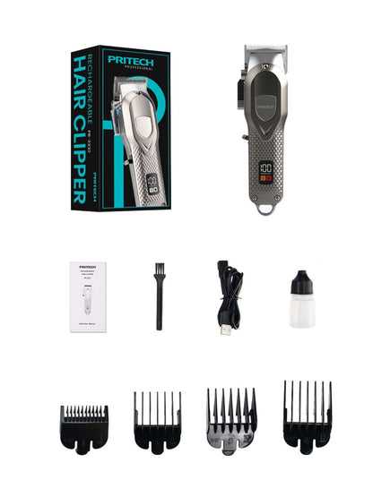 Silver cordless hair clipper with LED display, Trendsi brand, showing adjustable blades and ergonomic design for easy grooming.
