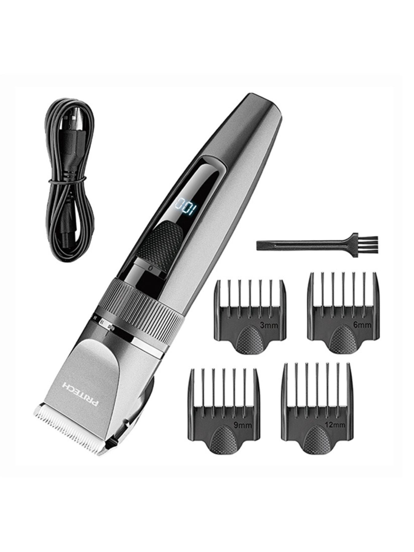 Silver cordless rechargeable hair clipper by Trendsi with a sleek design, suitable for precise hair trimming.