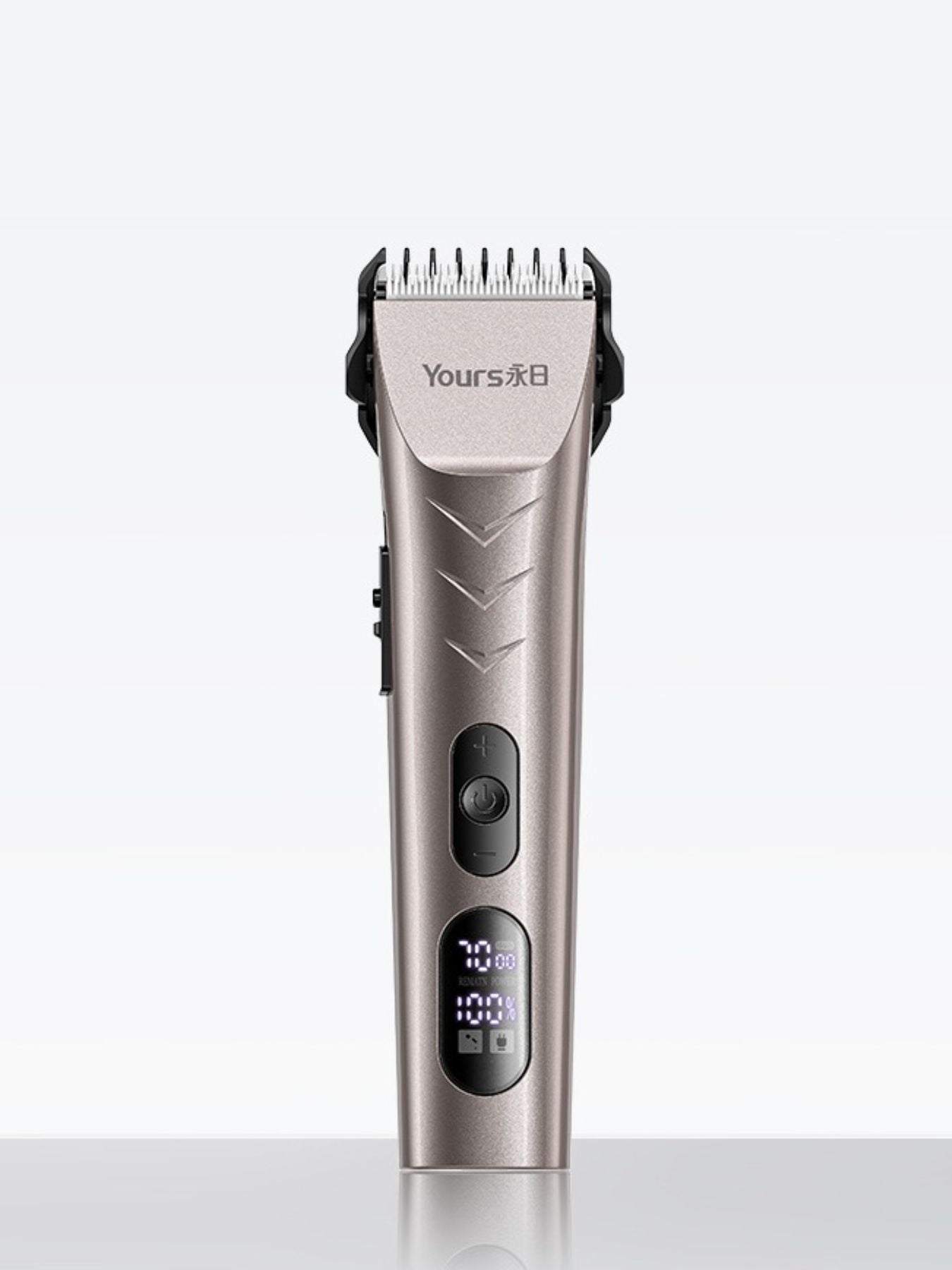 Silver Trendsi hair clipper with LED display and adjustable blades, showing a sleek, modern design for precise hair trimming.