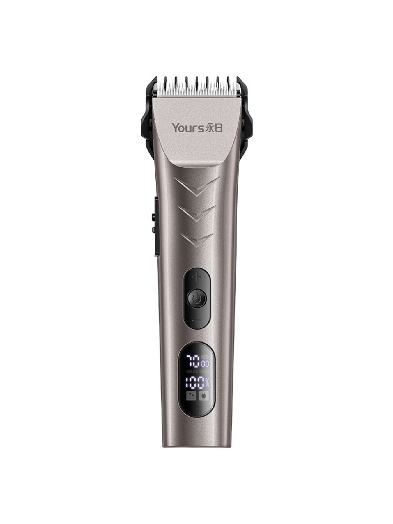 Silver Trendsi hair clipper with LED display showing adjustable settings and sleek design for professional grooming.