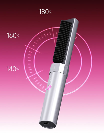 Silver portable heated straightening comb by Trendsi with a sleek design, ideal for quick hair styling on the go.