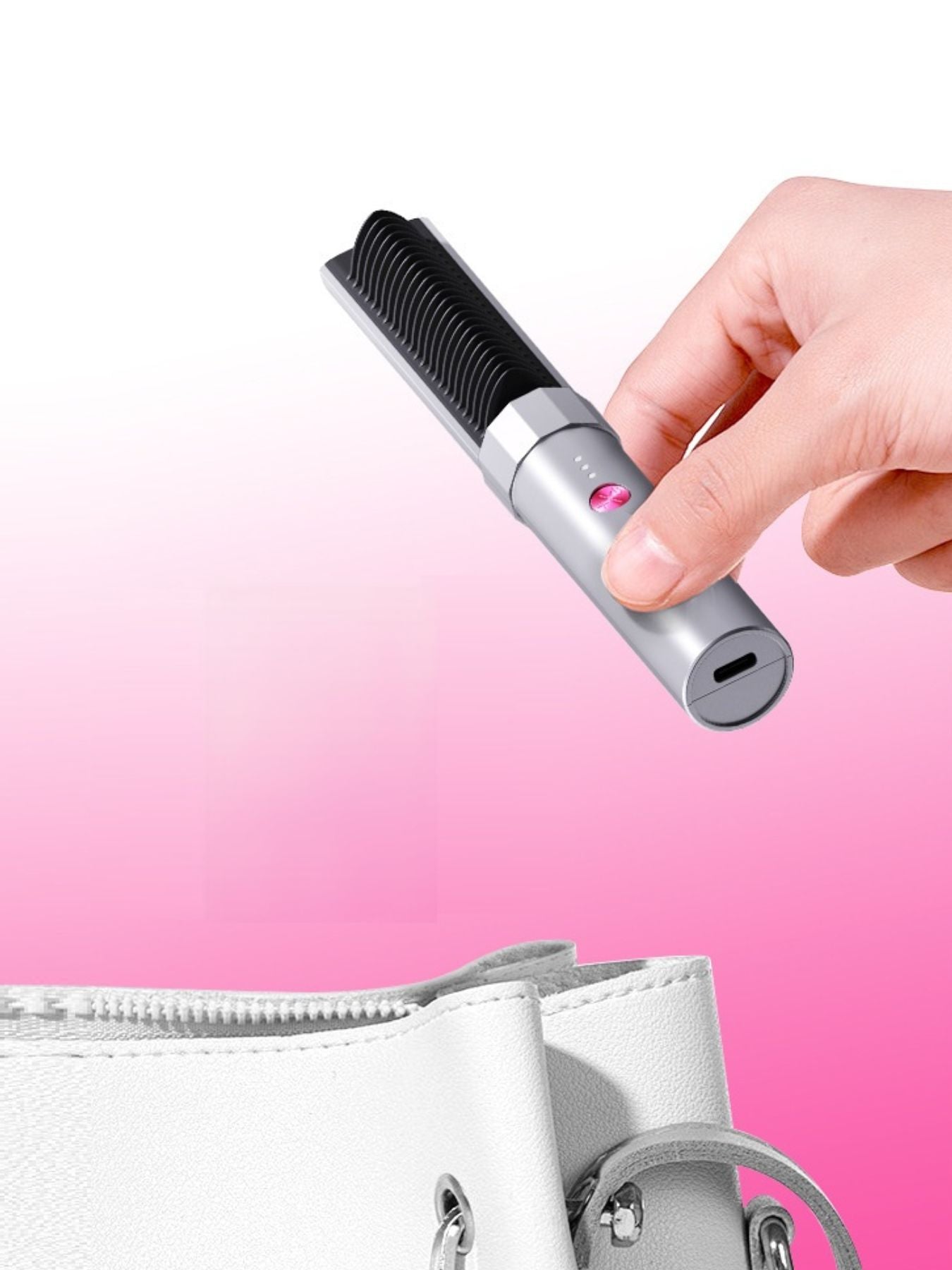 Silver portable heated straightening comb from Trendsi with a sleek design, ideal for quick hair styling on the go.