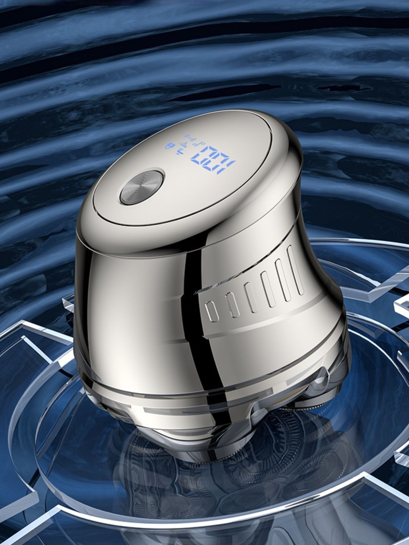 Silver rechargeable 5-head rotary shaver by Trendsi, with ergonomic handle and multiple rotary blades for smooth shaving.