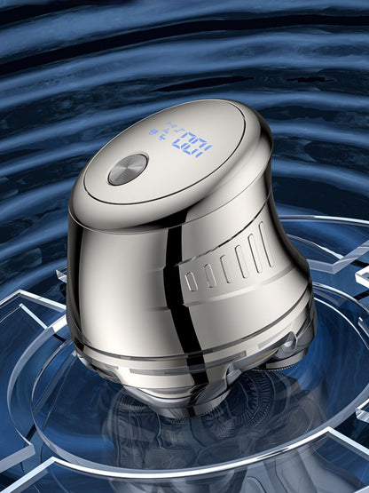 Silver rechargeable 5-head rotary shaver by Trendsi, with ergonomic handle and multiple rotary blades for smooth shaving.