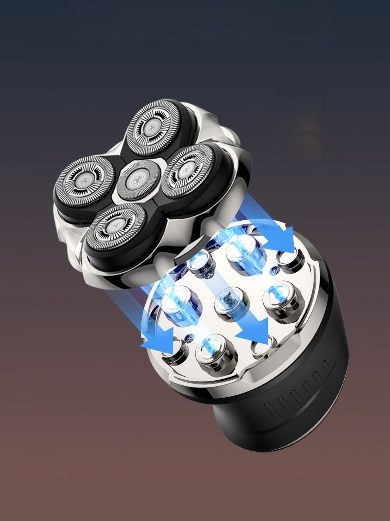Silver rechargeable 5-head rotary shaver with ergonomic design, ideal for close and comfortable men's grooming.