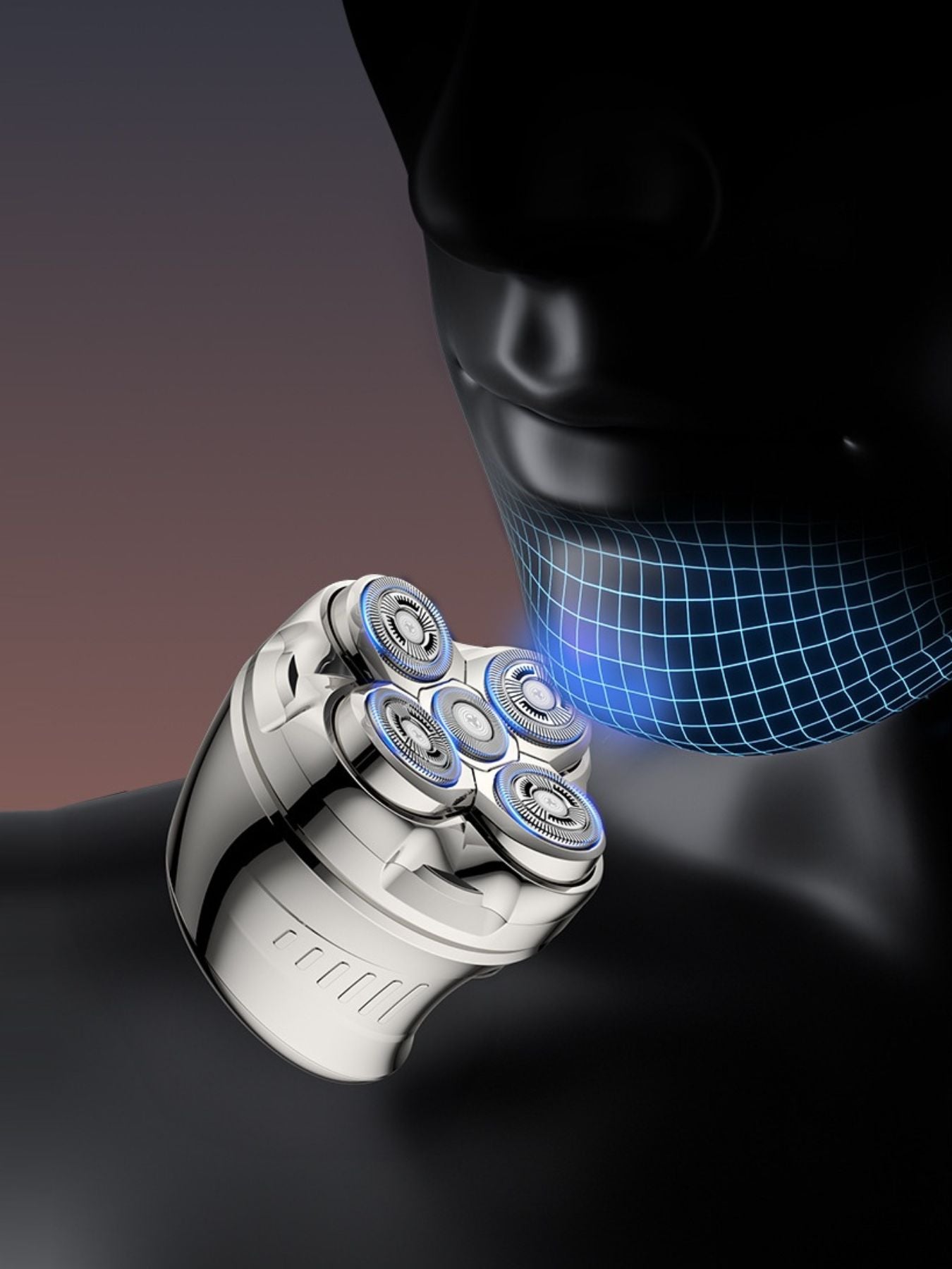 Silver rechargeable 5-head rotary shaver by Trendsi with ergonomic handle and multiple rotary blades for a close shave.