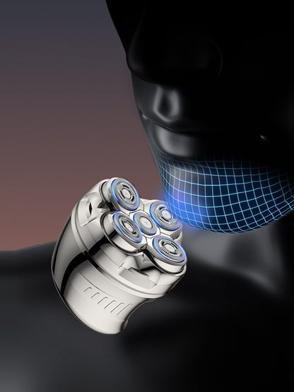 Silver rechargeable 5-head rotary shaver by Trendsi with ergonomic handle and multiple rotary blades for a close shave.
