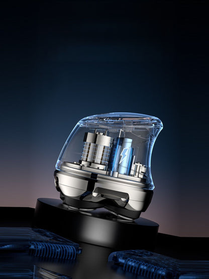 Rechargeable silver 5-head rotary shaver by Trendsi with ergonomic design and multiple rotary blades for close, smooth shaving.