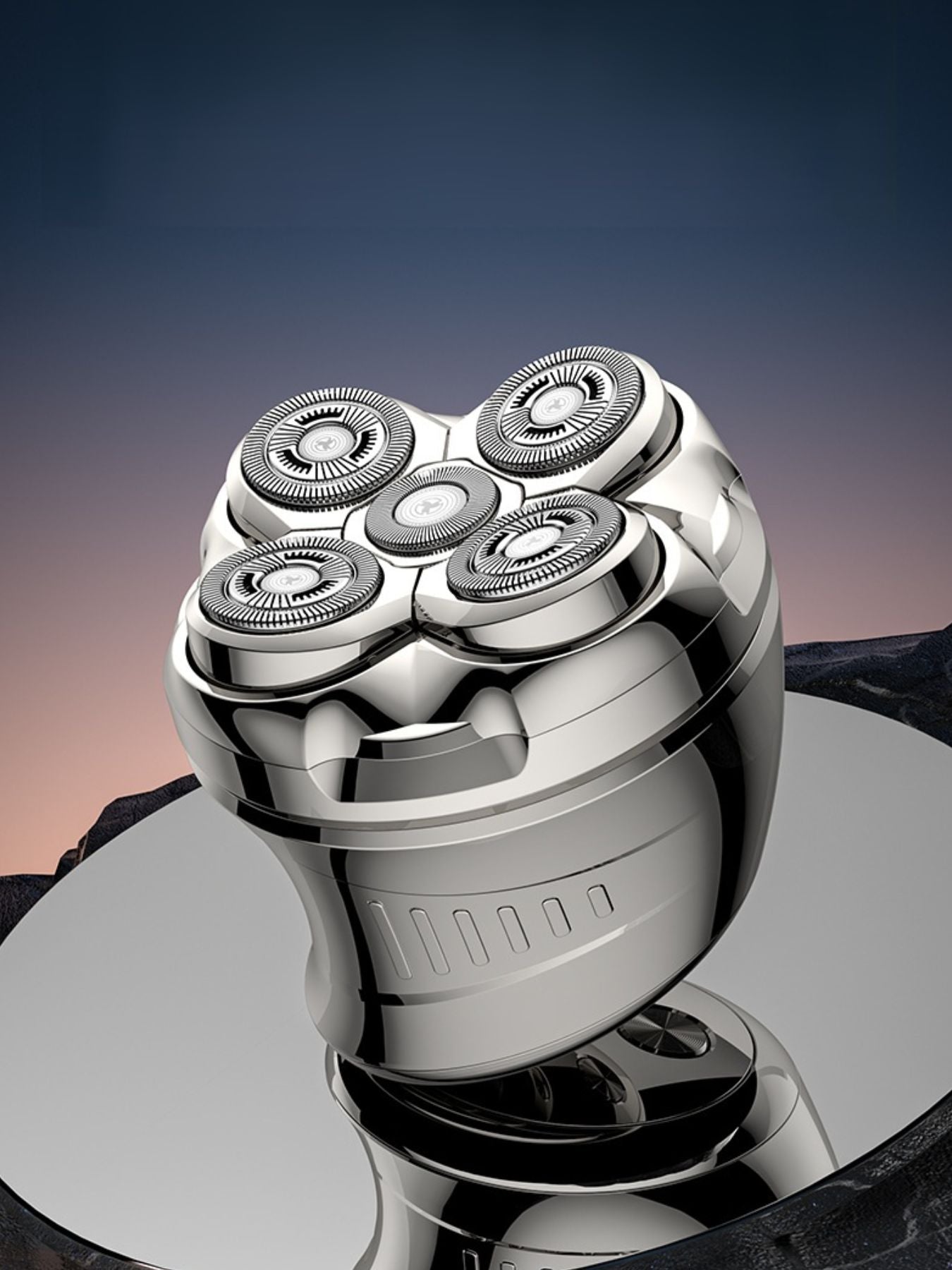 Silver rechargeable 5-head rotary shaver with ergonomic design, ideal for smooth, close grooming by Trendsi.
