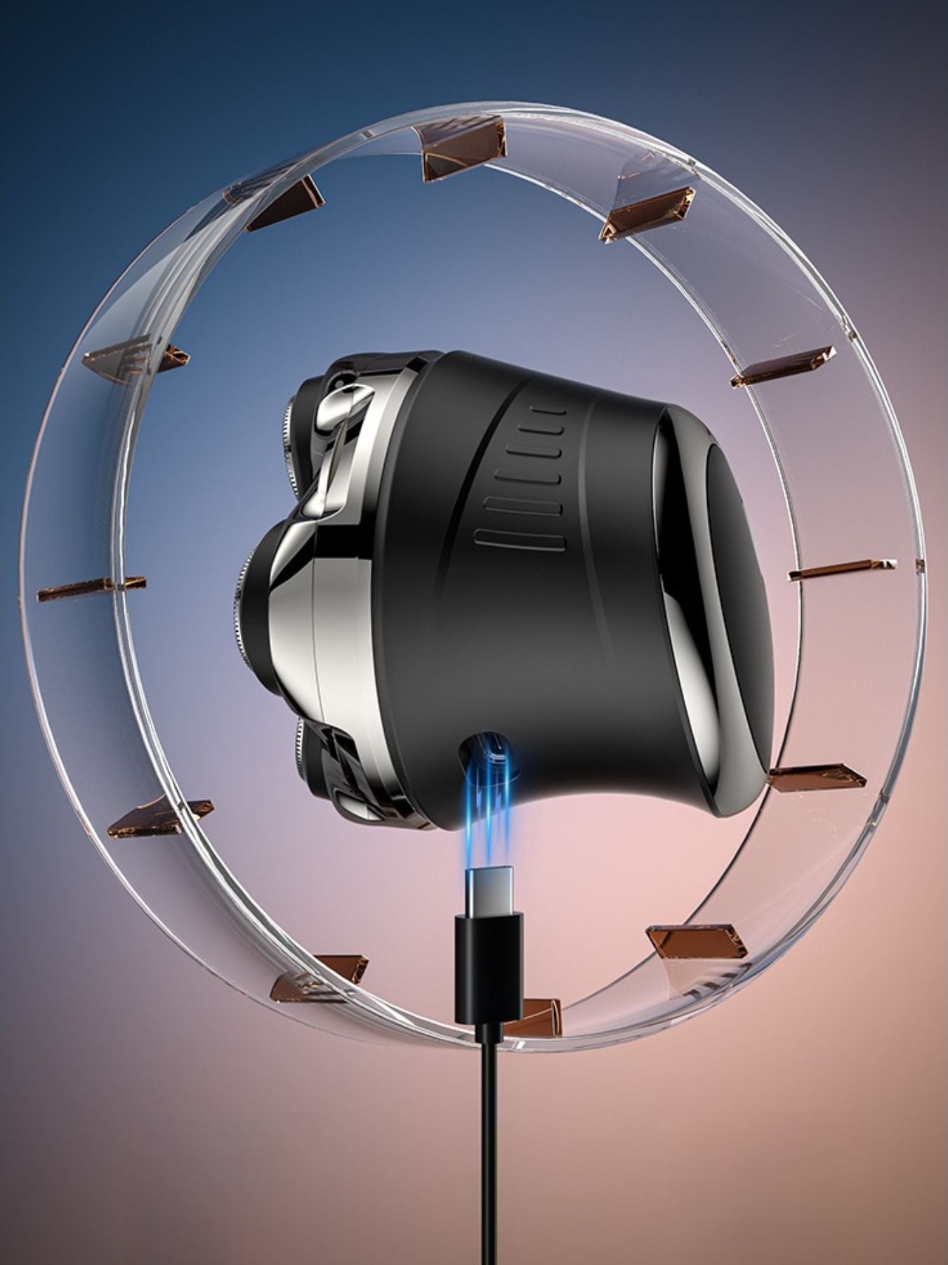 Rechargeable 5-head rotary shaver in silver with ergonomic handle, designed for close and comfortable shaving.
