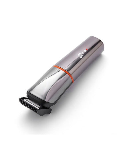 Silver rechargeable hair clipper by Trendsi with a sleek design, suitable for professional or personal grooming.