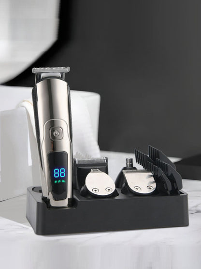 Silver waterproof hair clipper from Trendsi with LED display, designed for precise hair cutting and styling.