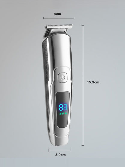 Silver waterproof hair clipper by Trendsi with LED display, featuring a sleek design and adjustable blades for easy grooming.