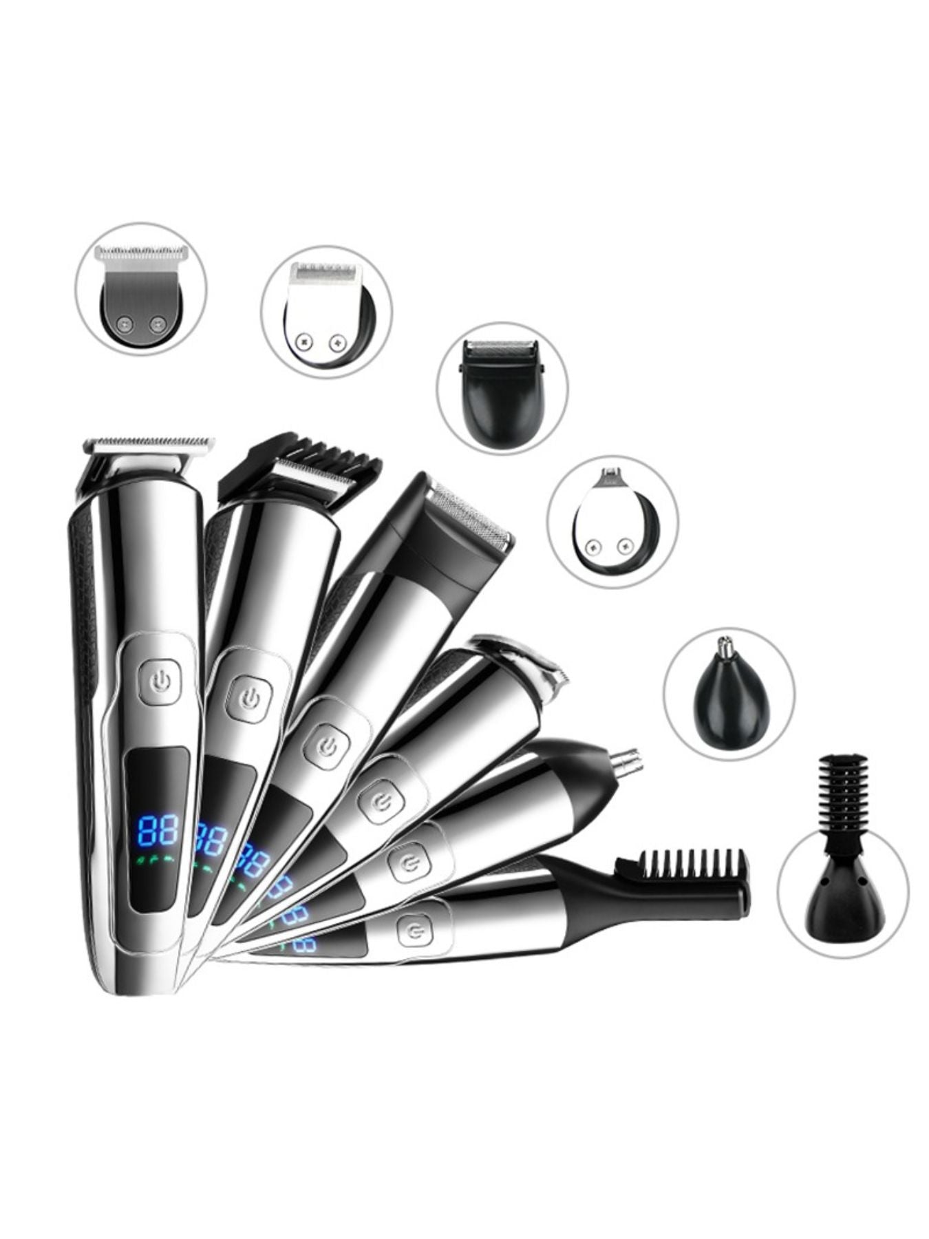 Silver waterproof hair clipper with LED display from Trendsi, showcasing adjustable blades and ergonomic design.