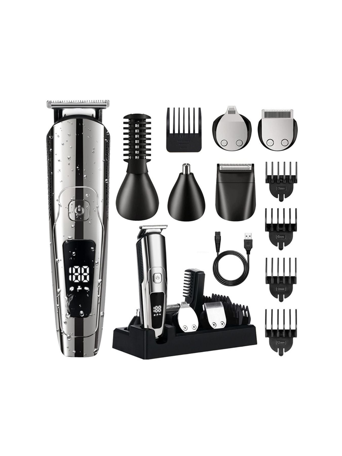 Silver waterproof hair clipper with LED display from Trendsi, featuring a sleek design and adjustable blades for precise grooming.