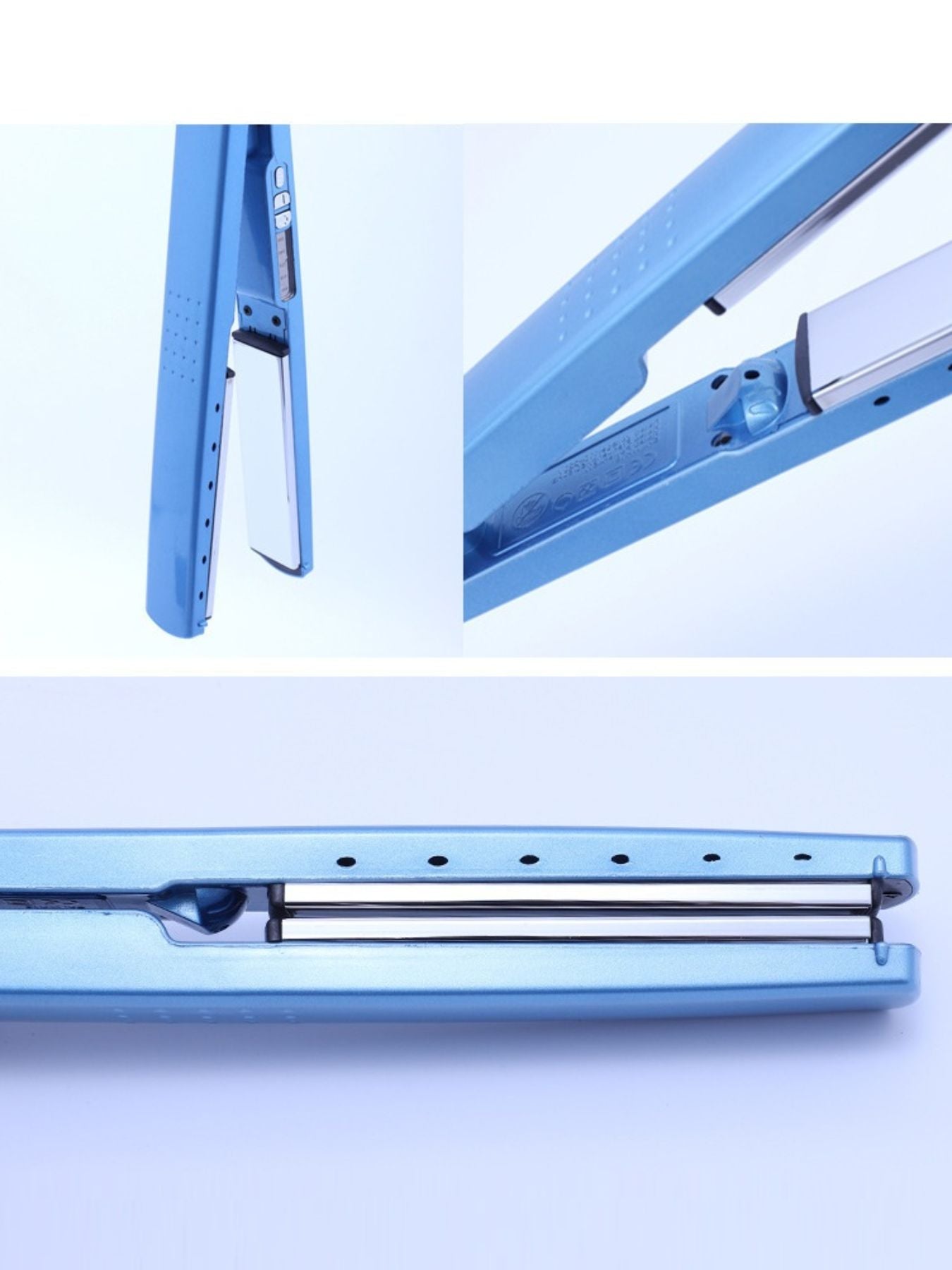 Sky blue ceramic hair straightener by Trendsi with European plug, sleek design for smooth, straight hair styling.