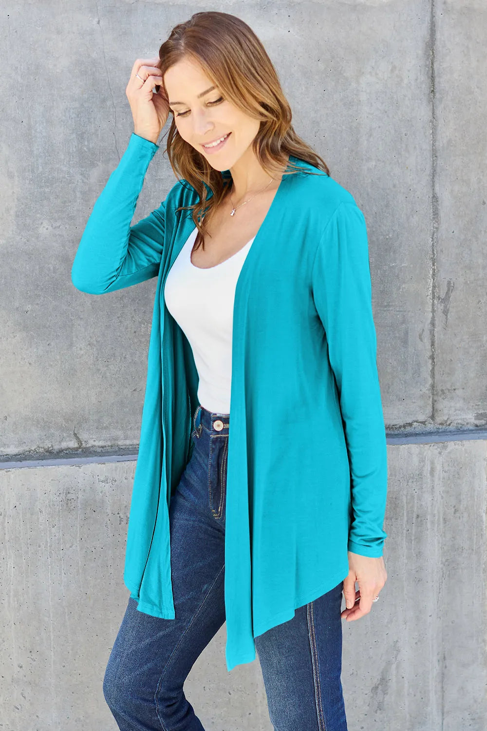 Sky blue Basic Bae long sleeve open front cardigan by Trendsi, full size, lightweight knit, casual wear, front open design.