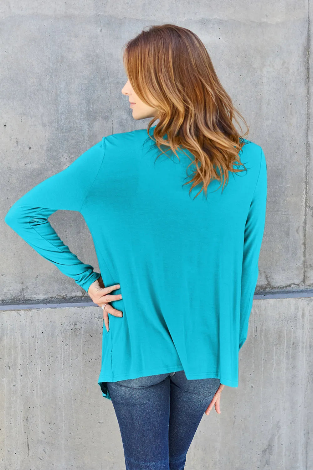 Sky-blue Basic Bae full-size open-front long sleeve cardigan from Trendsi, showcasing its soft fabric and relaxed fit.