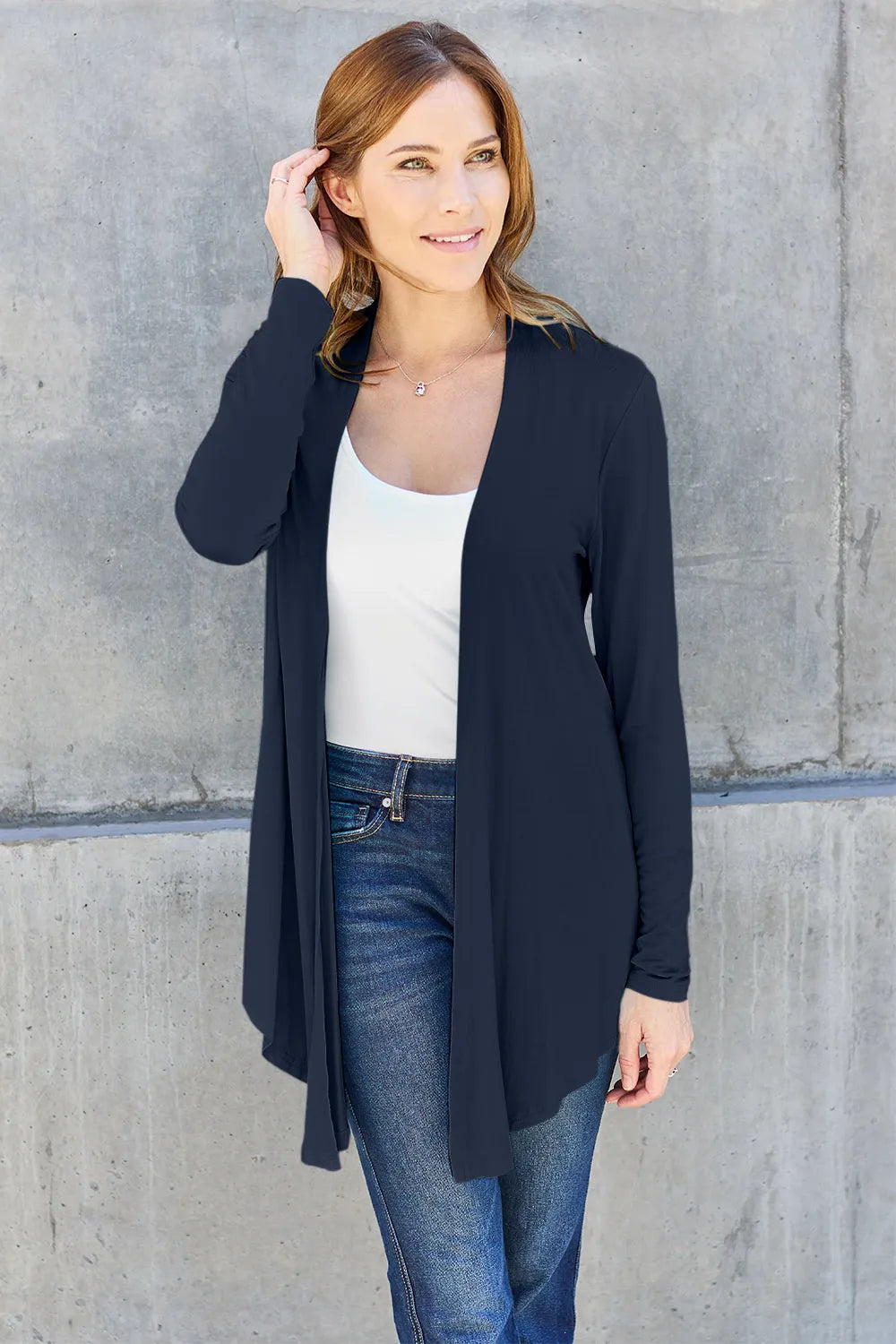 Sky-blue Basic Bae full-size open front long sleeve cardigan by Trendsi, showing its soft knit fabric and relaxed fit.