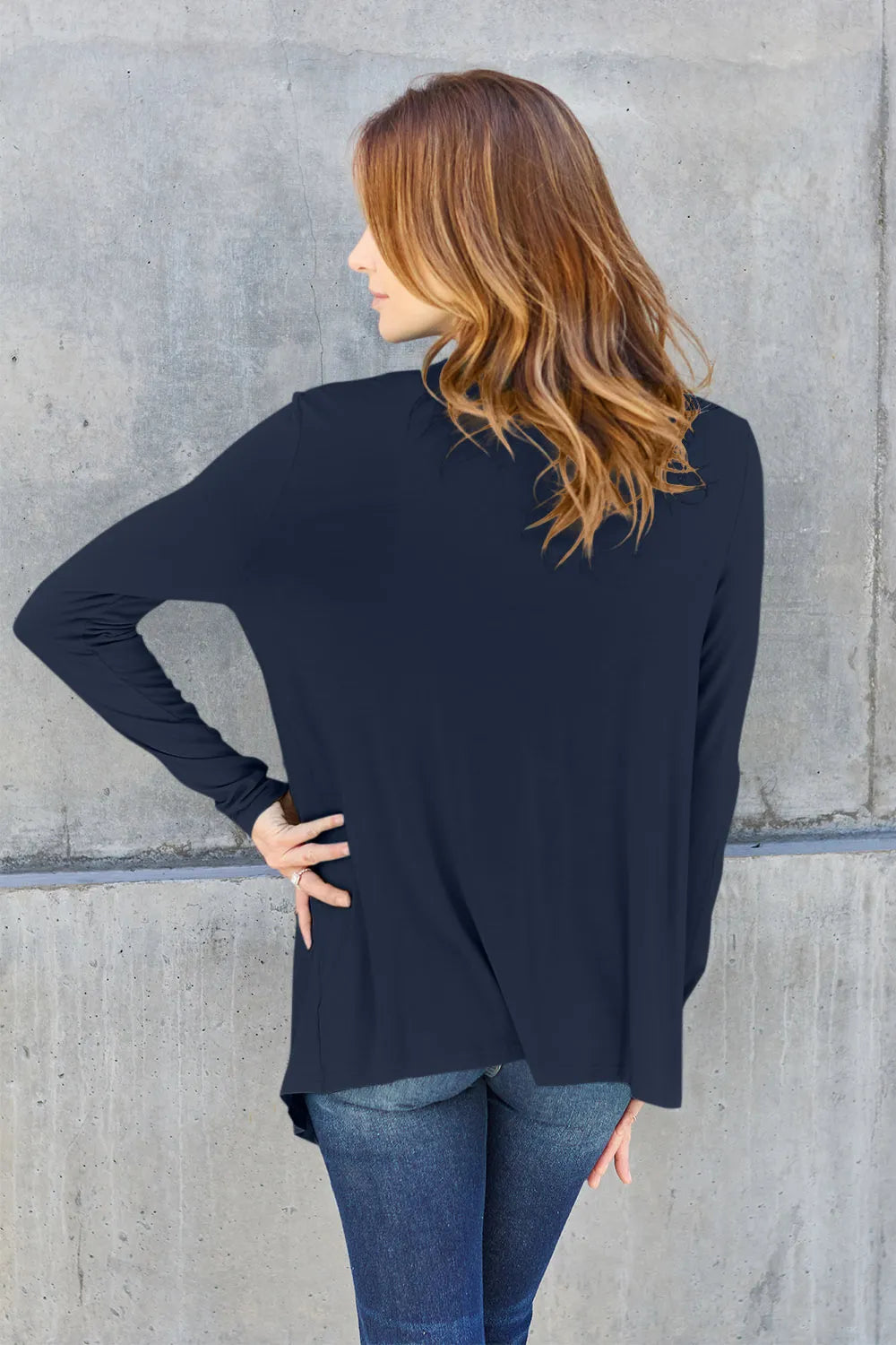 Sky-blue Basic Bae full-size open front long sleeve cardigan by Trendsi, shown on a mannequin with a relaxed fit and soft fabric.