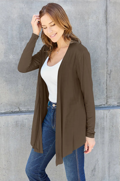 Sky blue Trendsi Basic Bae full-size open front long sleeve cardigan displayed on a hanger.