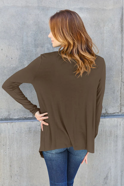 Sky blue Basic Bae full-size open front long sleeve cardigan by Trendsi, featuring a soft, lightweight knit with a relaxed fit.