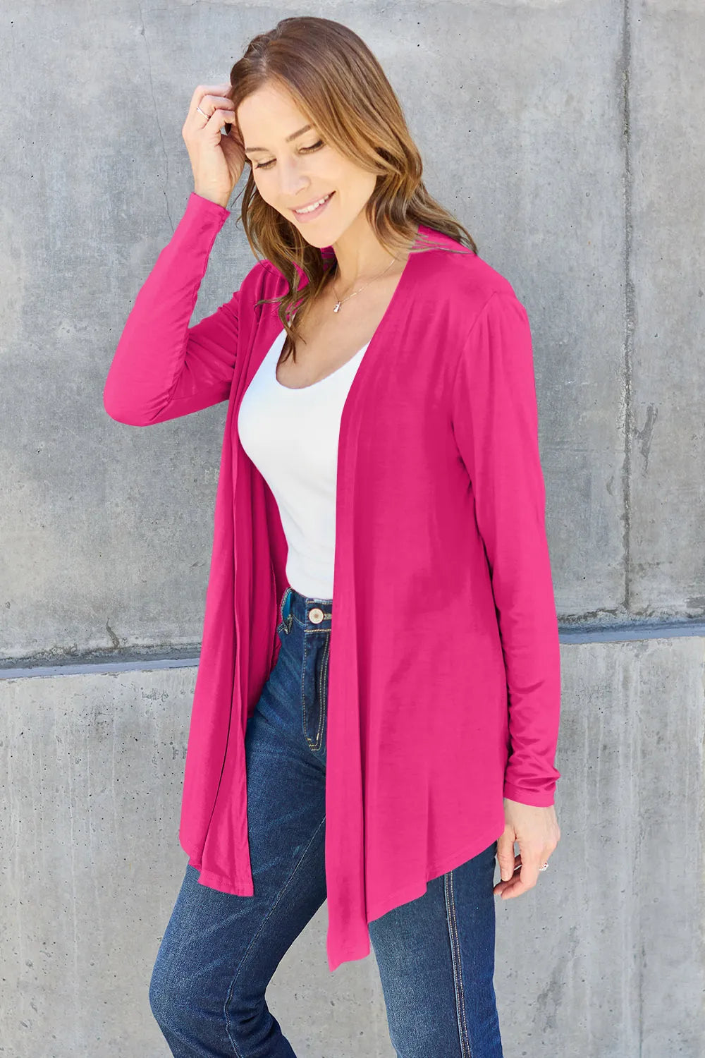 Sky-blue Basic Bae full-size open front long sleeve cardigan by Trendsi, featuring a cozy, casual design with a relaxed fit.