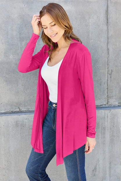 Sky-blue Basic Bae full-size open front long sleeve cardigan by Trendsi, featuring a cozy, casual design with a relaxed fit.
