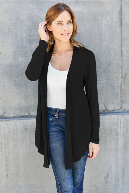 Sky-blue Trendsi Basic Bae full-size open front long sleeve cardigan displayed on a model, showcasing its relaxed fit and soft fabric.