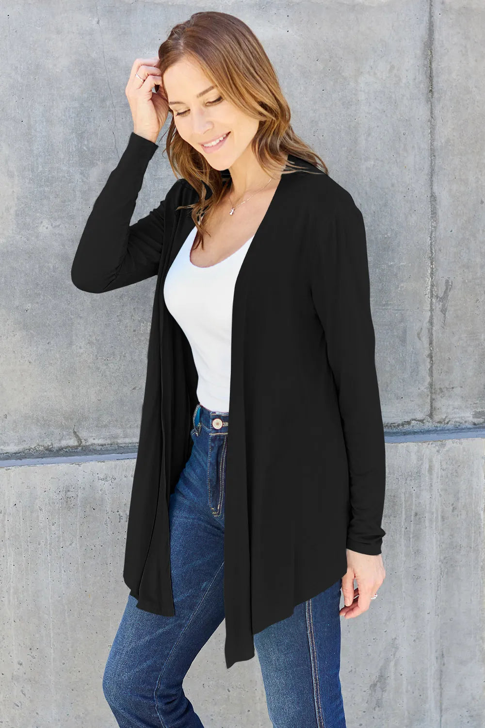 Sky blue Trendsi Basic Bae full-size open front long sleeve cardigan displayed on a mannequin.