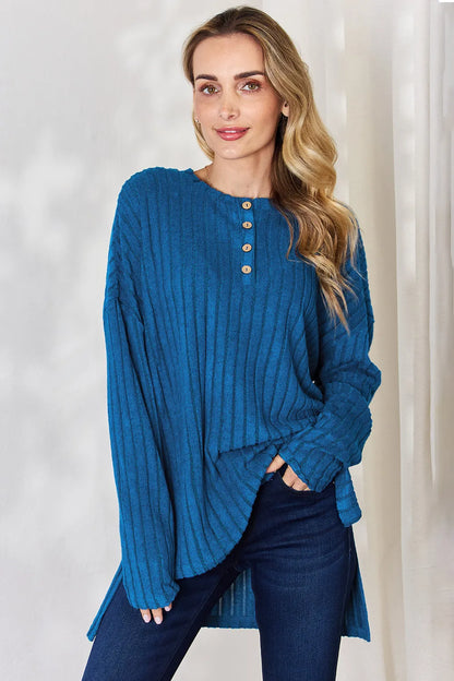 Sky-blue Basic Bae ribbed half-button long sleeve high-low T-shirt by Trendsi, featuring a full size fit and casual style.