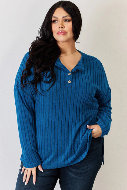 Sky blue Basic Bae long sleeve ribbed T-shirt with half-button front and high-low hem, stylish and comfortable from Trendsi.