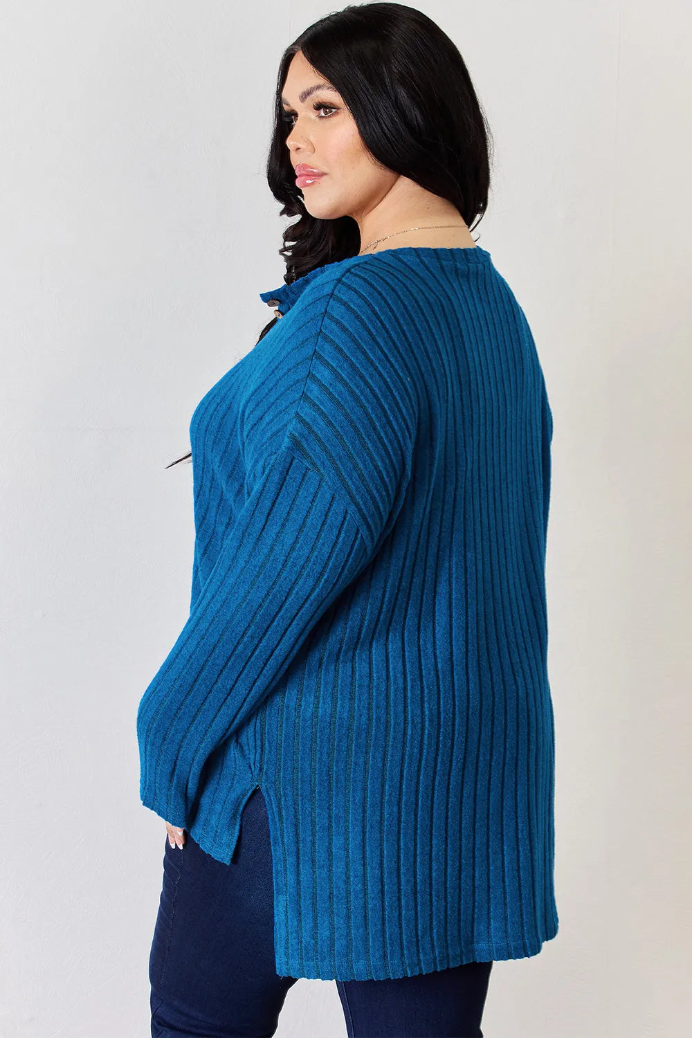 Sky blue ribbed long sleeve T-shirt with half buttons, high-low hem, from Trendsi's Basic Bae collection.