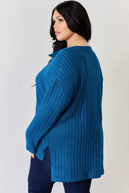 Sky blue ribbed long sleeve T-shirt with half buttons, high-low hem, from Trendsi's Basic Bae collection.