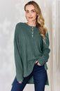 Sky blue Basic Bae ribbed half-button long sleeve high-low T-shirt by Trendsi, full size, with a relaxed fit and ribbed texture.