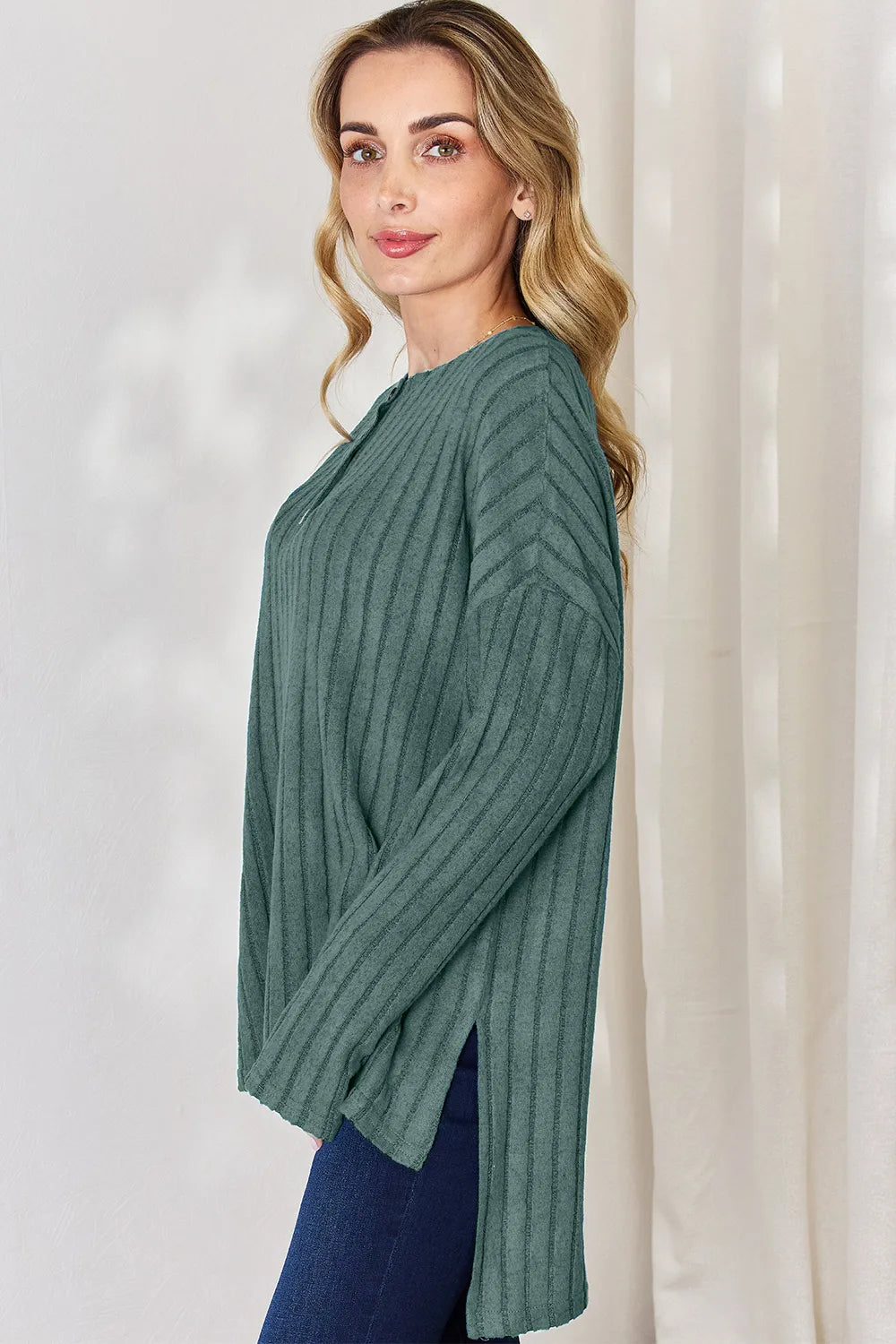 Sky-blue basic Bae long sleeve ribbed high-low T-shirt with half button detail, full size, by Trendsi.