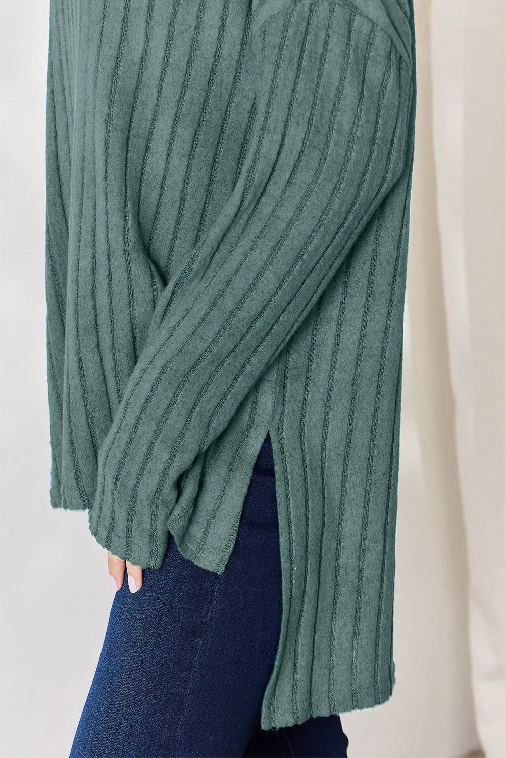 Sky blue Basic Bae long sleeve ribbed T-shirt with half button front and high-low hem, by Trendsi.