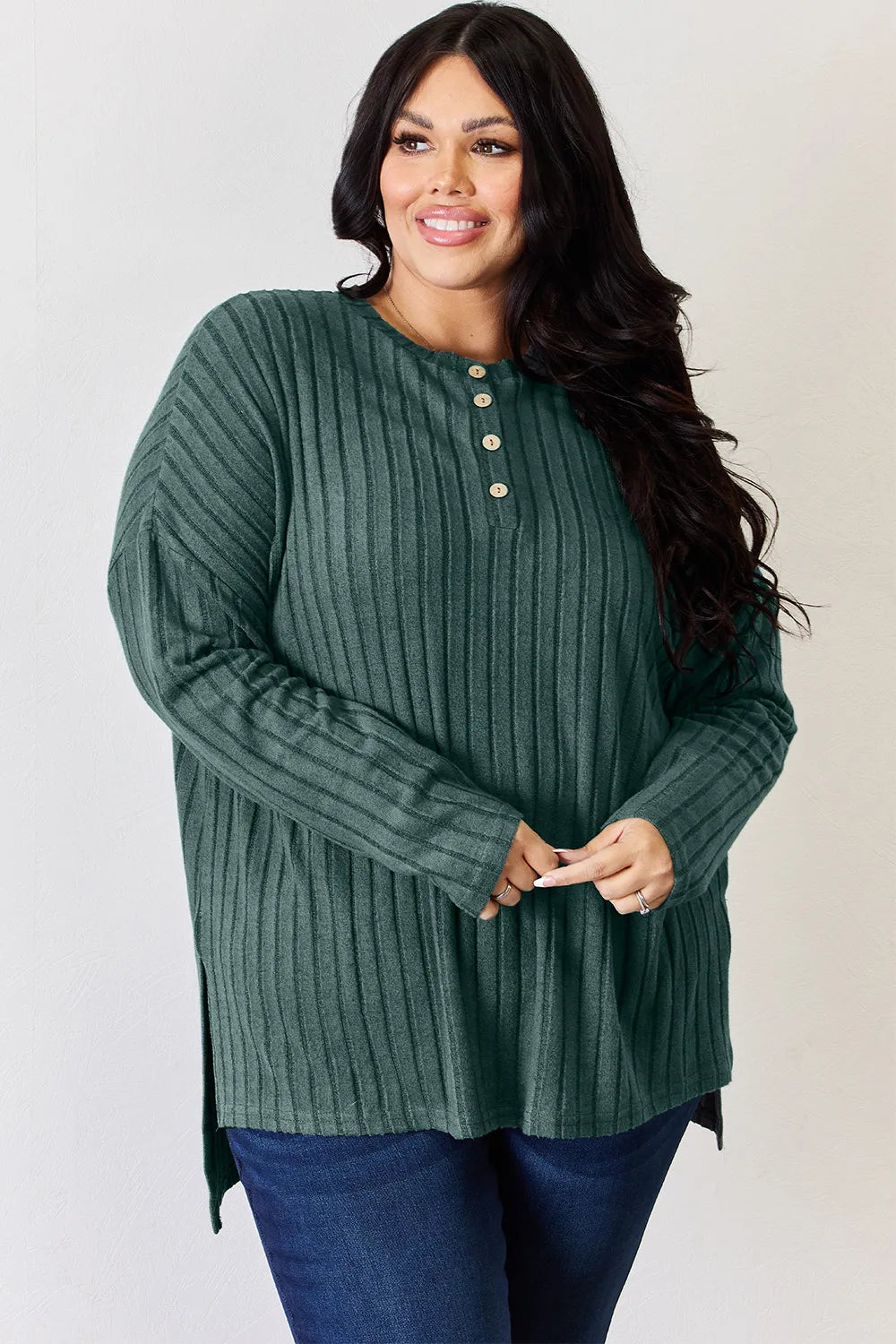 Sky-blue Trendsi Basic Bae full-size ribbed long sleeve T-shirt with half buttons and high-low hem, casual and comfortable style.