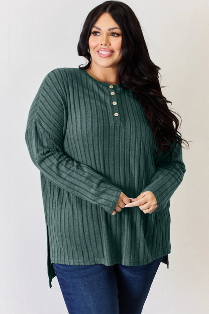 Sky-blue Trendsi Basic Bae full-size ribbed long sleeve T-shirt with half buttons and high-low hem, casual and comfortable style.