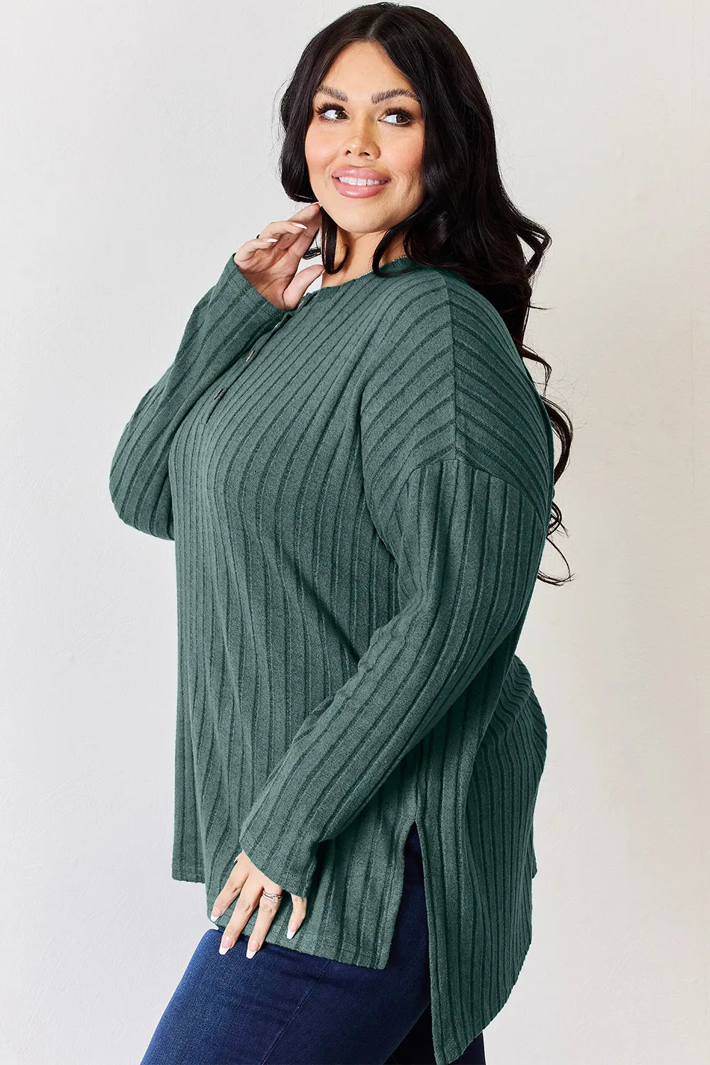 Sky blue Basic Bae ribbed long sleeve high-low T-shirt with half-button detail, full size from Trendsi.