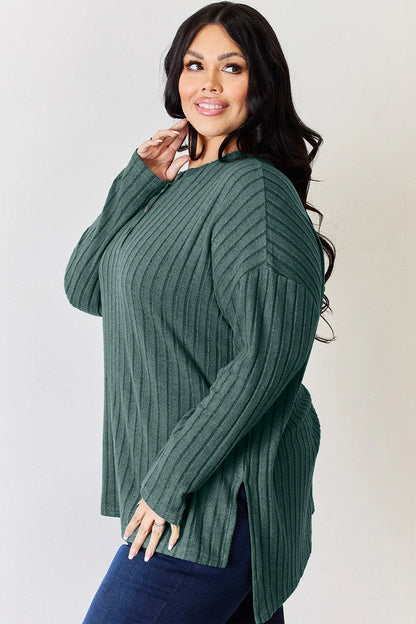 Sky blue Basic Bae ribbed long sleeve high-low T-shirt with half-button detail, full size from Trendsi.