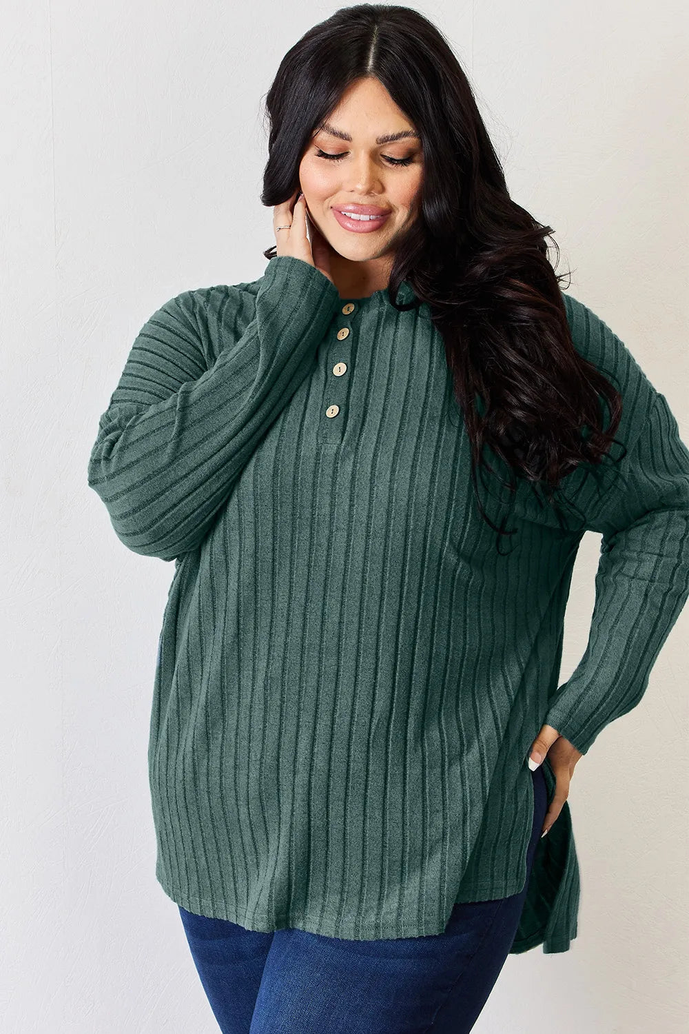 Sky-blue Trendsi Basic Bae ribbed long sleeve half-button high-low T-shirt, full size, casual and stylish.