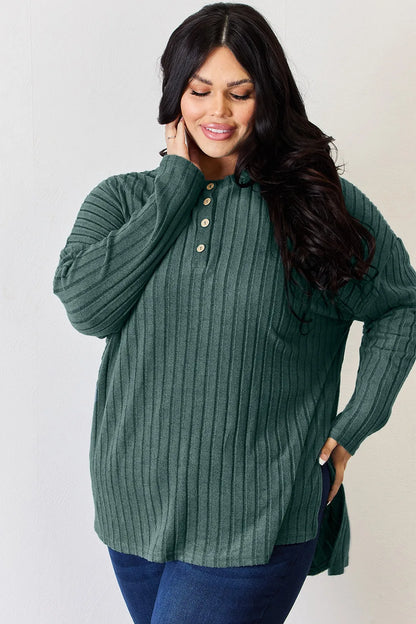 Sky-blue Trendsi Basic Bae ribbed long sleeve half-button high-low T-shirt, full size, casual and stylish.